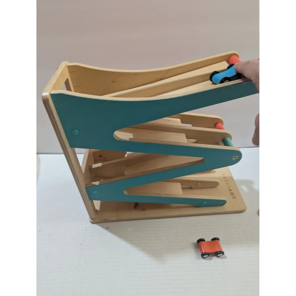 Lovevery Wooden Race Track Zig-Zag Car Ramp Toddler Toy with 2 Cars Teal Natural